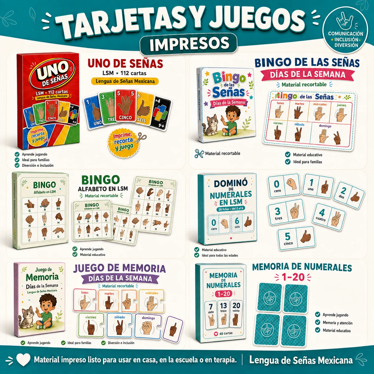 Mockup de tarjetas y juegos impresos en Lengua de Señas Mexicana